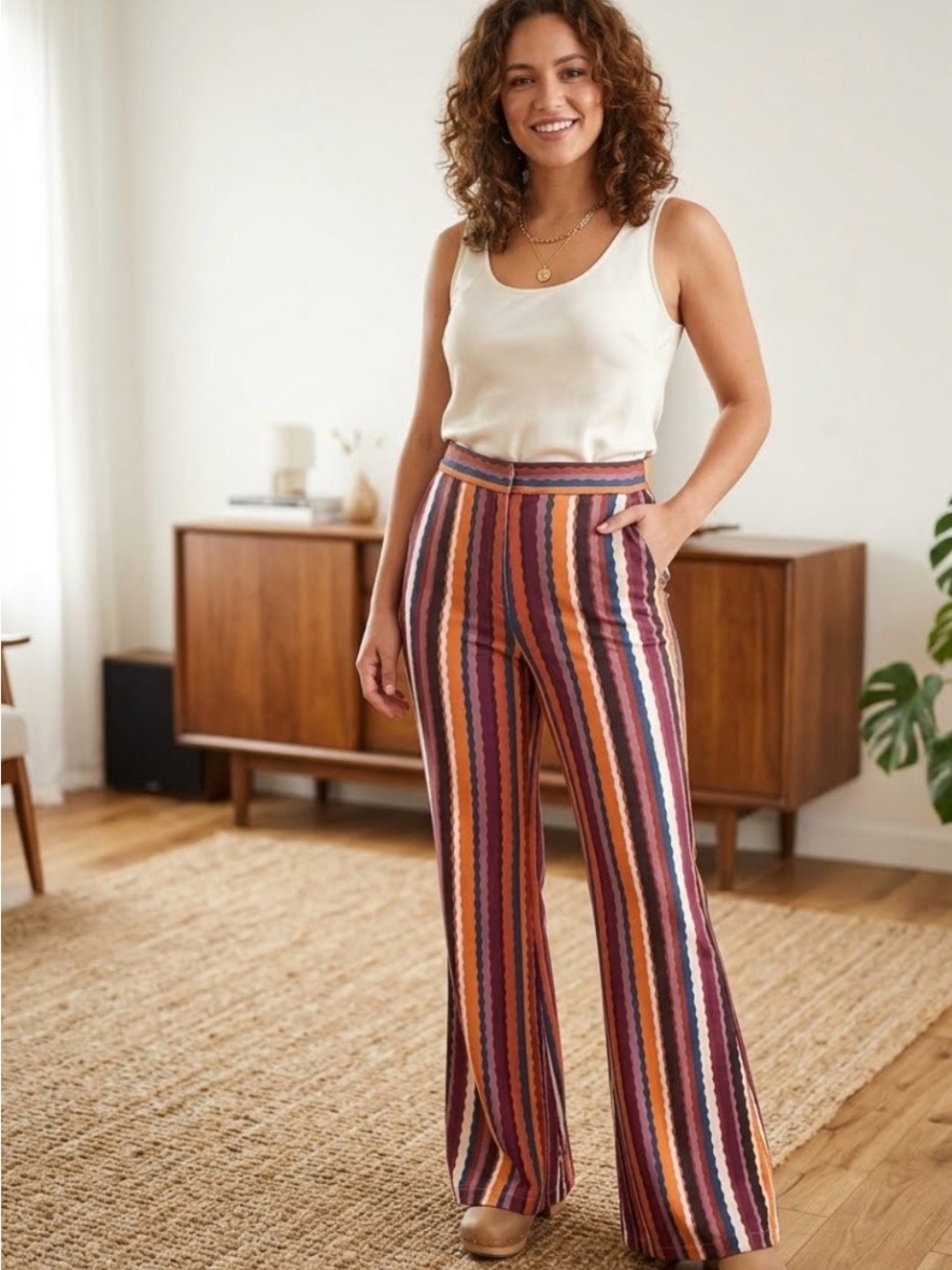 Flying Tomato Striped Wide-Leg Pants in Burgundy, Rust & Cream 14’ waist